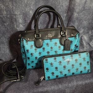 Coach Badlands Mini Bennett Satchel-Black and Teal Floral-Matching Wallet